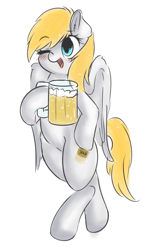 Size: 1186x1920 | Tagged: safe, artist:wickedsilly, oc, oc only, oc:beer pony, pegasus, pony, alcohol, beer, bipedal, cute, ocbetes, open mouth, smiling, solo