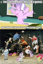 Size: 418x620 | Tagged: safe, apple bloom, diamond tiara, scootaloo, silver spoon, sweetie belle, human, band, caption, happy, irl, irl human, jumping, meme, music, new found glory, photo, pun
