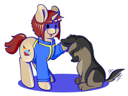 Size: 1629x1221 | Tagged: safe, artist:lucky-jacky, oc, oc only, oc:silk touch, dog, pony, unicorn, companions, cute, dogmeat, fallout, fallout 4, vault suit