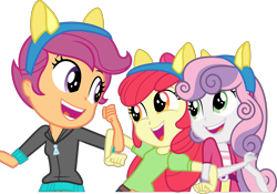 Size: 4293x3000 | Tagged: safe, artist:ambassad0r, apple bloom, scootaloo, sweetie belle, equestria girls, friendship games, arm around arm, arms, belt, bow, clothes, cutie mark crusaders, dancing, denim, eyelashes, fake ears, female, fingers, hair bow, hand, happy, headband, hoodie, jeans, long hair, open clothes, open mouth, open shirt, open smile, pants, preteen, puffy sleeves, shirt, short hair, short sleeves, shorts, simple background, skirt, smiling, standing, teeth, top, transparent background, vector, zipper