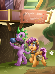 Size: 900x1200 | Tagged: safe, artist:vavacung, scootaloo, spike, dragon, comic:the adventure logs of young queen, book, goggles, male, older, older spike, talking, treehouse, walking, wrench