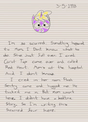 Size: 2400x3300 | Tagged: safe, artist:aaronmk, dinky hooves, diary, dinky hooves's diary, implied derpy, lined paper, sad, solo, text