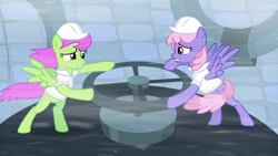 Size: 1280x720 | Tagged: safe, screencap, merry may, rainbowshine, pony, tanks for the memories, background pony, duo, duo female, female, hard hat, hat, valve, wheel