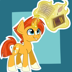 Size: 4000x4000 | Tagged: safe, artist:partylikeanartist, sunburst, pony, unicorn, the cutie re-mark, book, commission, glowing horn, magic, male, quill, simple background, solo, telekinesis