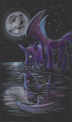 Size: 1614x2702 | Tagged: artist needed, safe, oc, oc only, oc:draconiuos, alicorn, dragon, pony, moon, reflection, sketch, solo, traditional art