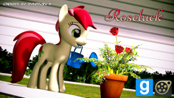 Size: 1280x720 | Tagged: safe, artist:zyntron, roseluck, 3d, flower, gmod, mouth hold, pot, rose, solo, symbol