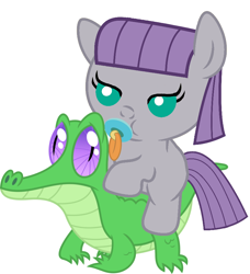 Size: 836x917 | Tagged: safe, artist:red4567, gummy, maud pie, pony, baby, baby pony, cute, maudabetes, pacifier, ponies riding gators, recolor, riding, weapons-grade cute