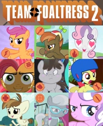 Size: 1052x1290 | Tagged: safe, artist:smashinator, edit, apple bloom, babs seed, button mash, diamond tiara, featherweight, scootaloo, silver spoon, sweetie belle, truffle shuffle, conceptual, demoman, engie bloom, engineer, heavy, image macro, medic, meme, pyro, pyro belle, scout, scoutaloo, sniper, soldier, spy, team fortress 2