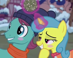 Size: 691x551 | Tagged: safe, screencap, lemon hearts, a hearth's warming tail, autumn leaf, blushing, clothes, cropped, cute, female, grin, happy, hat, lemonleaf, levitation, lidded eyes, magic, male, mistletoe, scarf, shipping, shipping fuel, smiling, straight, telekinesis