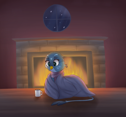 Size: 1515x1397 | Tagged: safe, artist:vanillaghosties, gabby, griffon, blanket, clothes, cute, female, fireplace, gabbybetes, mug, scarf, snow, snowfall, solo, window