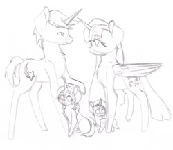 Size: 962x830 | Tagged: safe, artist:wildnature03, comet tail, twilight sparkle, twilight sparkle (alicorn), oc, alicorn, pony, cometlight, family, female, male, mare, monochrome, offspring, parent:comet tail, parent:twilight sparkle, parents:cometlight, shipping, sketch, straight, traditional art