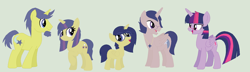 Size: 1024x294 | Tagged: safe, artist:aquadusk, comet tail, twilight sparkle, twilight sparkle (alicorn), oc, oc:elliot, oc:ophelia, oc:urania, alicorn, pony, cometlight, female, male, mare, offspring, parent:comet tail, parent:twilight sparkle, parents:cometlight, shipping, straight