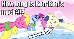 Size: 500x268 | Tagged: safe, edit, edited screencap, screencap, berry punch, berryshine, bon bon, cherry berry, minuette, sweetie drops, earth pony, pony, winter wrap up, female, great moments in animation, image macro, long neck, longbon, mare, meme, necc, text, winter wrap up song