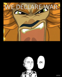 Size: 820x1021 | Tagged: safe, prince rutherford, yak, exploitable meme, meme, obligatory pony, ok, one punch man, saitama, this will end in one punch, this will end in tears and/or death, too dumb to live, unimpressed, war declaration meme