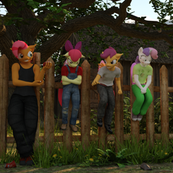 Size: 2000x2000 | Tagged: safe, artist:tahublade7, apple bloom, babs seed, scootaloo, sweetie belle, anthro, plantigrade anthro, 3d, apple print underwear, backyard, blushing, bully, bullying, clothes, cutie mark crusaders, daz studio, embarrassed, fence, hanging wedgie, panties, pants, pink underwear, polka dot underwear, tanktop, underwear, wedgie, white underwear
