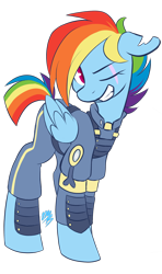 Size: 988x1669 | Tagged: safe, artist:quinn-kittie, rainbow dash, pegasus, pony, the cutie re-mark, alternate timeline, apocalypse dash, clothes, crystal war timeline, cute, dashabetes, grin, scar, smiling, solo, torn ear, uniform, wink