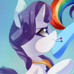 Size: 600x600 | Tagged: safe, artist:loyaldis, rainbow dash, rarity, pegasus, pony, unicorn, measuring tape, mouth hold, offscreen character, pin, solo