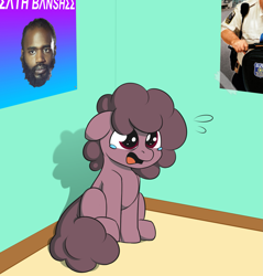 Size: 1905x1994 | Tagged: safe, artist:rileyisherehide, artist:wenni, oc, oc only, oc:bread, pony, collaboration, blank banshee, corner, crying, death grips, mc ride, meme, paul blart, poster, sitting, solo