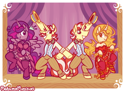 Size: 730x530 | Tagged: safe, artist:mistressmunchies, flam, flim, oc, oc:mistress munchies, alicorn, anthro, classical unicorn, unguligrade anthro, alicorn oc, arm hooves, breasts, clothes, curved horn, dancing, dress, female, leonine tail, stage, unshorn fetlocks