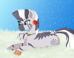 Size: 4500x3500 | Tagged: safe, artist:fia94, zecora, zebra, bracelet, christmas ornament, earring, missing accessory, necklace, piercing, snow, snowfall, solo