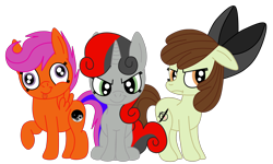 Size: 2592x1556 | Tagged: safe, artist:squipycheetah, apple bloom, scootaloo, sweetie belle, creepy belle, cute, cutie mark creeps, cutie mark crusaders, cutie mark monsters, elements of insanity, evil, francie bloom, grumpy, happy, insanity, karateloo, looking at you, looking away, looking back, raised hoof, scowl, simple background, sitting, smiling, smirk, spread wings, standing, tongue out, transparent background, trio, vector