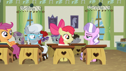 Size: 1366x768 | Tagged: safe, screencap, apple bloom, diamond tiara, liza doolots, petunia, scootaloo, silver spoon, sweetie belle, tootsie flute, truffle shuffle, twist, family appreciation day