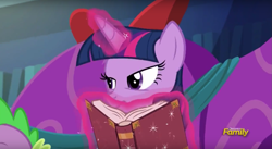 Size: 1411x771 | Tagged: safe, screencap, spike, twilight sparkle, twilight sparkle (alicorn), alicorn, dragon, pony, a hearth's warming tail, book, discovery family logo, female, levitation, magic, mare, telekinesis