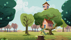 Size: 1366x768 | Tagged: safe, screencap, family appreciation day, clubhouse, crusaders clubhouse, flower, no pony, telescope, tree, tree stump, treehouse