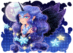 Size: 1920x1400 | Tagged: safe, artist:miniiming, nightmare moon, human, cute little fangs, elf ears, horned humanization, humanized, mare in the moon, moon, solo, stars, winged humanization