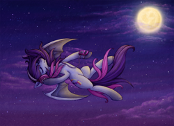 Size: 1024x744 | Tagged: safe, artist:tinuleaf, oc, oc only, oc:wing beatz, bat pony, pony, eyes closed, flying, moon, solo