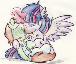 Size: 558x473 | Tagged: safe, artist:fizzbuzz3456, twilight sparkle, twilight sparkle (alicorn), oc, oc:northern haste, alicorn, pony, adult foal, age regression, commission, female, hypnosis, mare, mental regression, onesie, pacifier, traditional art