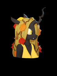 Size: 676x900 | Tagged: safe, artist:carnifex, oc, oc only, oc:deciduous, anthro, changeling, changeling queen, anthro oc, black background, changeling oc, changeling queen oc, clothes, female, leaves, simple background, smiling, solo, yellow changeling