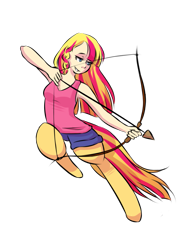 Size: 961x1267 | Tagged: safe, artist:cups, derpibooru exclusive, oc, oc only, oc:eventide, satyr, archery, arrow, bow (weapon), bow and arrow, offspring, parent:sunset shimmer, weapon