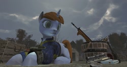 Size: 1576x830 | Tagged: safe, oc, oc only, oc:littlepip, pony, unicorn, fallout equestria, fallout equestria (game), 3d, ashes of equestria, clothes, cloud, cloudy, fanfic, fanfic art, female, gun, handgun, horn, mare, overmare studios, pipbuck, revolver, solo, vault suit, video game, wasteland, weapon