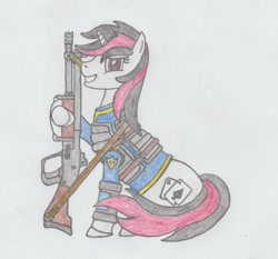 Size: 934x872 | Tagged: safe, artist:agentappleblanket, oc, oc only, oc:blackjack, pony, unicorn, fallout equestria, fallout equestria: project horizons, clothes, cutie mark, fanfic, fanfic art, female, gun, hooves, horn, mare, pencil drawing, pipbuck, shotgun, simple background, sitting, smiling, solo, teeth, traditional art, vault suit, weapon