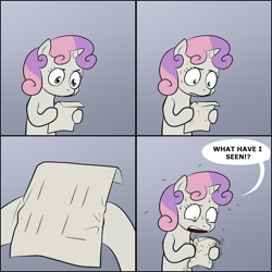 Size: 1024x1024 | Tagged: safe, pony, unicorn, bipedal, comic, confused, ctrl+alt+del, dialogue, exploitable meme, female, filly, frown, gradient background, hoof hold, horn, letter, loss (meme), meme, obligatory pony, open mouth, paper, solo, speech bubble, sweat, sweetie's note meme, two toned hair, two toned mane, white coat, wide eyes