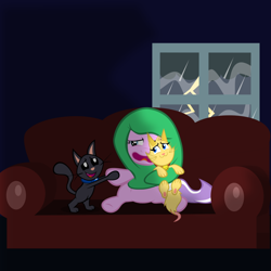 Size: 800x800 | Tagged: safe, artist:magerblutooth, diamond tiara, oc, oc:dazzle, oc:peal, cat, anxiety, blanket, comfort, comforting, fear, pet, pet oc, rain, scared, sofa, storm