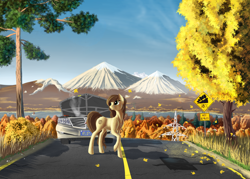 Size: 3500x2500 | Tagged: safe, artist:lightly-san, oc, oc only, oc:sandy lane, earth pony, pony, autumn, car, forest, mountain, power line, road, scenery, solo, tree