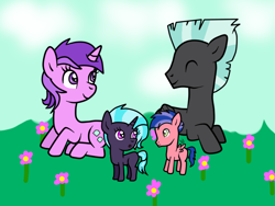 Size: 820x616 | Tagged: safe, artist:purpleloverpony, amethyst star, sparkler, thunderlane, oc, oc:decor flash, oc:gem storm, pegasus, pony, unicorn, amethystlane, colt, family, female, filly, male, mare, offspring, parent:amethyst star, parent:thunderlane, parents:amethystlane, shipping, straight