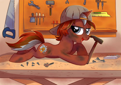 Size: 3507x2480 | Tagged: safe, artist:yulyeen, oc, oc only, oc:rust yards, pony, unicorn, backwards ballcap, baseball cap, cap, dexterous hooves, dirty, female, hammer, hat, hoof hold, lidded eyes, looking at you, lying down, mare, open mouth, open smile, prone, saw, side view, smiling, smiling at you, solo, stain, stains, tools, workbench, wrench