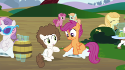 Size: 1280x720 | Tagged: safe, screencap, apple bloom, noi, peach fuzz, pipsqueak, ruby pinch, scootaloo, super funk, sweet tooth, sweetie belle, earth pony, pegasus, pony, unicorn, twilight time, apple family member, background pony, colt, cutie mark crusaders, female, filly, male