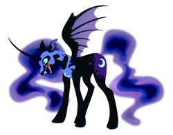 Size: 2389x1869 | Tagged: safe, artist:z0mb1e-cat, nightmare moon, bat wings, curved horn, growling, simple background, solo, spread wings, transparent background