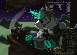 Size: 1280x914 | Tagged: safe, artist:asktheguardponies, oc, oc only, oc:silver spark, pony, unicorn, army, gun, headset, male, military, military uniform, ponytail, solo, stallion, weapon