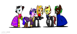 Size: 2592x1160 | Tagged: safe, artist:derpanater, oc, oc only, oc:harp melody, oc:rototom echo, oc:shamisen lesson, oc:sweet sax solo, oc:vibraphone echo, hybrid, fallout equestria, fallout equestria: dance of the orthrus, armor, cloak, clothes, commission, cyber pony, digital art, dress, mirage pony, pipbuck, small horn, small wings, stripes, two toned mane, two toned wings