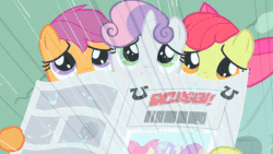 Size: 1920x1080 | Tagged: safe, screencap, apple bloom, scootaloo, sweetie belle, ponyville confidential, animated, cutie mark crusaders, eye shimmer, foal free press, looking up, newspaper, puppy dog eyes, rain, sad, teary eyes