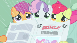 Size: 1920x1080 | Tagged: safe, screencap, apple bloom, scootaloo, sweetie belle, ponyville confidential, cutie mark crusaders, foal free press, looking up, newspaper, puppy dog eyes, rain, sad, teary eyes