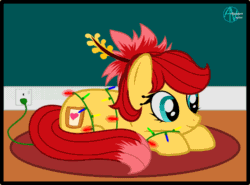 Size: 800x593 | Tagged: safe, artist:arifproject, oc, oc only, oc:rosa blossomheart, earth pony, pony, animated, christmas lights, cute, gif, hair accessory, prone, simple background, solo