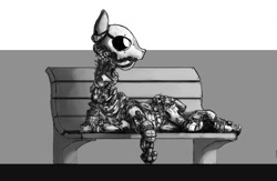 Size: 1397x912 | Tagged: safe, artist:red, pony, robot, robot pony, bench, grayscale, monochrome, solo