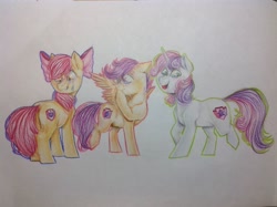 Size: 2592x1936 | Tagged: safe, artist:klassuu-limon, apple bloom, scootaloo, sweetie belle, crying, cutie mark, cutie mark crusaders, open mouth, tears of joy, the cmc's cutie marks, traditional art