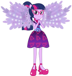 Size: 3000x3180 | Tagged: safe, artist:crimsumic, sci-twi, twilight sparkle, equestria girls, legend of everfree, clothes, glasses, high heels, ponied up, scitwilicorn, simple background, solo, sparkling, transparent background, vector, wings